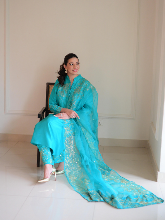 Aqua Blue Silk Set
